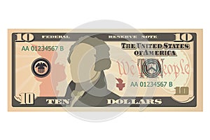 Ten dollar bill, 10 US dollars banknote, obverse, front side. Simplified vector illustration of USD on a white background