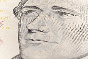 ten dollars bill closeup. fragment macro. Portrait of President