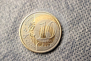 Ten eurocents macrophoto on the fabric