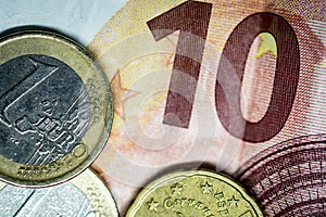 Ten Euros Bill, and two coins