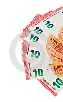 Ten euros notes on display on a white background