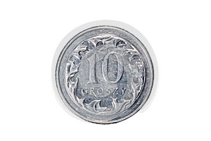 Ten groszy. Polish zloty. The Currency Of Poland. Macro photo of a coin. Poland depicts a Ten-Polish groszy coin.