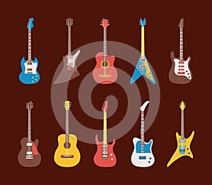 ten guitars instruments musicals set icons