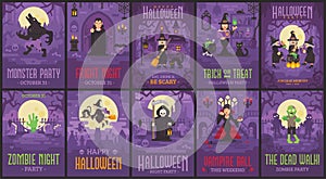 Ten Halloween posters with witches, vampires, zombies, werewolves and Grim Reaper. Halloween flyer collection