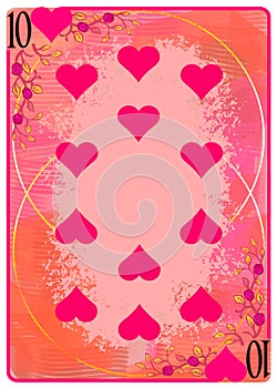 Ten of Hearts playing card. Unique hand drawn pocker card. One of 52 cards in french card deck, English or Anglo-American pattern photo