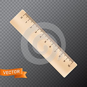 Ten inch or centimeter straight wooden ruler. 3D realistic vector illustration isolated on transparent background