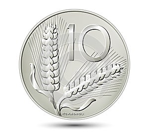 Ten Italian lire isolated on white background.