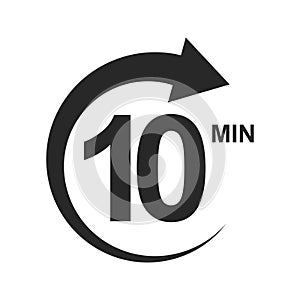 Ten minutes icon with circle arrow. Stopwatch symbol. 10 min countdawn sign. Sport or cooking timer isolated on white