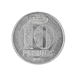 Ten 10 penning coin East German money isolated on a white background photo