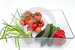 Ten red tomatoes on a branch, one red bell pepper, four large cucumbers, green onions in a glass