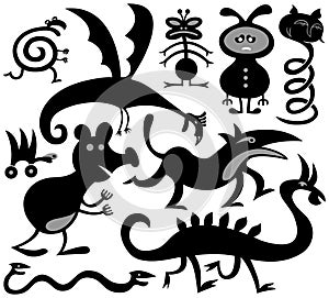 Ten silhouettes of strange critters.