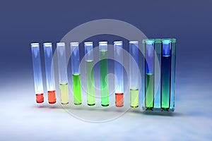 Ten test tubes with colored liquids
