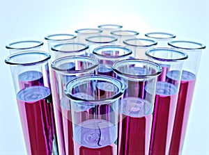 Ten test tubes with pink fluid and shallow DOF