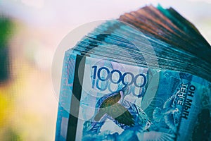 Ten thousand tenge close-up. Pack of banknotes