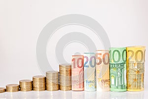 Ten, twenty, fifty, one hundred, two hundred and coins euro rolled bills banknotes on white background. Histogram from the euro.