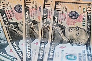 Ten and twenty U.S. dollar bills.American currency.Concept, background, close-up