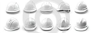 Ten White Hard Hats in Different Angles on White Background