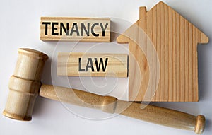 TENANCY LAW - words on a wooden block on the background of a house and a referee\'s gavel photo
