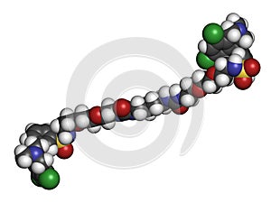 Tenapanor drug molecule. 3D rendering. Atoms are represented as spheres with conventional color coding: hydrogen white, carbon