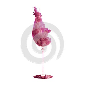 Tender. Artwork. Pink wine texture made of pink dye, liquid with drops and splashes. One wine glass isolated on white