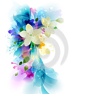Tender background with white abstract flower on the artistic blobs