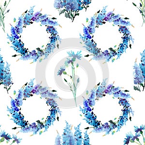 Tender beautiful wonderful gorgeous bright floral spring colorful delphiniums and cornflowers wreath with buds