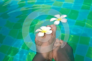 Female legs and white flowers in the pool. Water romantic background with legs