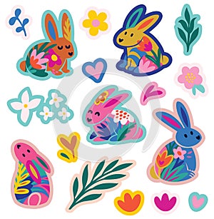 Tender bunnies stickers set isolated on white background