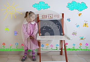 Tender child next to the chalkboard