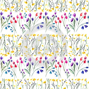 Tender delicate beautiful bright sophisticated spring colorful textile yellow wildflowers and red pink violet tulips and blue blu