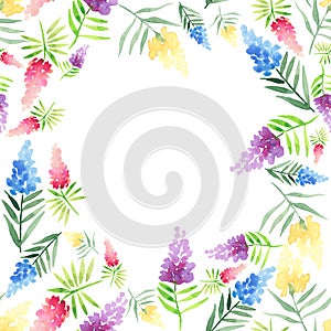 Tender delicate cute elegant lovely floral colorful spring summer red, blue, purple and yellow wildflowers with green leaves frame