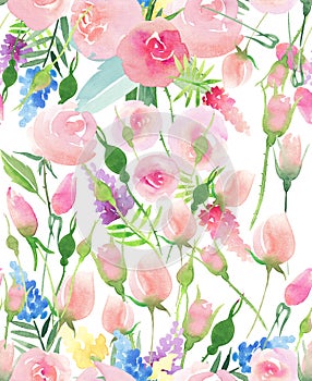 Tender delicate cute elegant lovely floral colorful spring summer red, blue, purple and yellow wildflowers and pink roses with gre