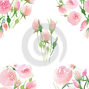 Tender delicate cute elegant lovely floral colorful spring summer red, blue, purple and yellow wildflowers and pink roses with gre