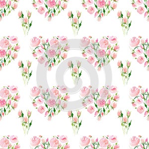 Tender delicate cute elegant lovely floral colorful spring summer red and pink roses with green leaves pattern like a heart waterc