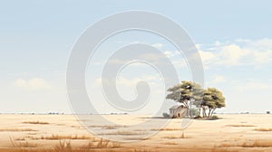 Tender Depiction Of Nature: Small Desert Houses In Dusty Landscape