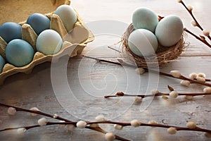 Tender easter eggs on vintage planks