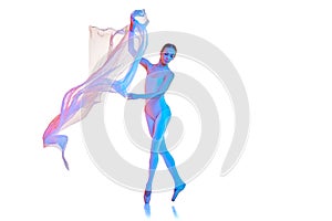 Tender, elegant woman, professional ballerina in bodysuit performing with transparent fabric isolated on white studio