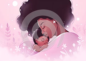 Tender Embrace of a Black Mother Holding Her Baby on a Pink Pastel Background. Generative AI