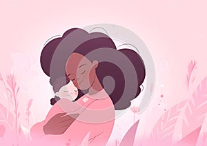 Tender Embrace of a Black Mother Holding Her Baby in a Pink Pastel Field. Generative AI