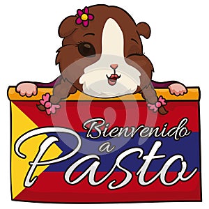 Cute Female Guinea Pig over Flag Welcoming you to Pasto City, Vector Illustration photo