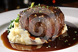 tender filet mignon on a bed of mashed potatoes with gourmet sauce