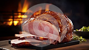 Tender and flavorful grilled ham steak served on a platter, with room for text on the side