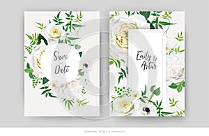 Tender floral vector wedding invite, save the date card template design set. Elegant editable watercolor bouquet illustration.
