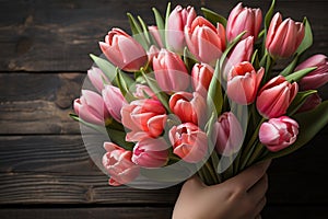 Tender gesture. presents gift and tulips to woman, symbolizing love and care in soft