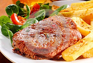 Tender Grilled Beef Meat on Plate with Fries