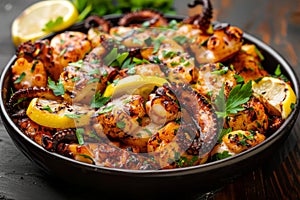 Tender grilled octopus on black plate, a classic and delicious mediterranean seafood delicacy