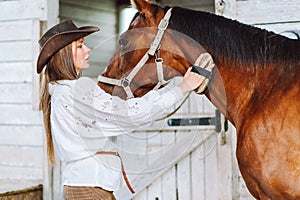 Tender horse woman cowgirl in hat. Cleaning muzzling grooming brushing horse. Animal care harness. Horse back riding.