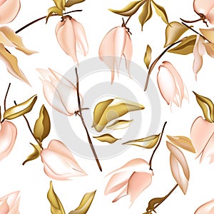 Tender jungle  peach flowers and leaves, physalis background pattern, realistic illustration. Summer texture, abstract vector.