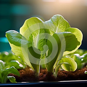 Tender lettuce leaves sprouting in a controlled environment
