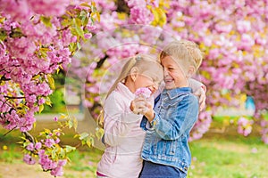 Tender love feelings. Little girl enjoy spring flowers. Giving all flowers to her. Surprising her. Kids enjoying pink